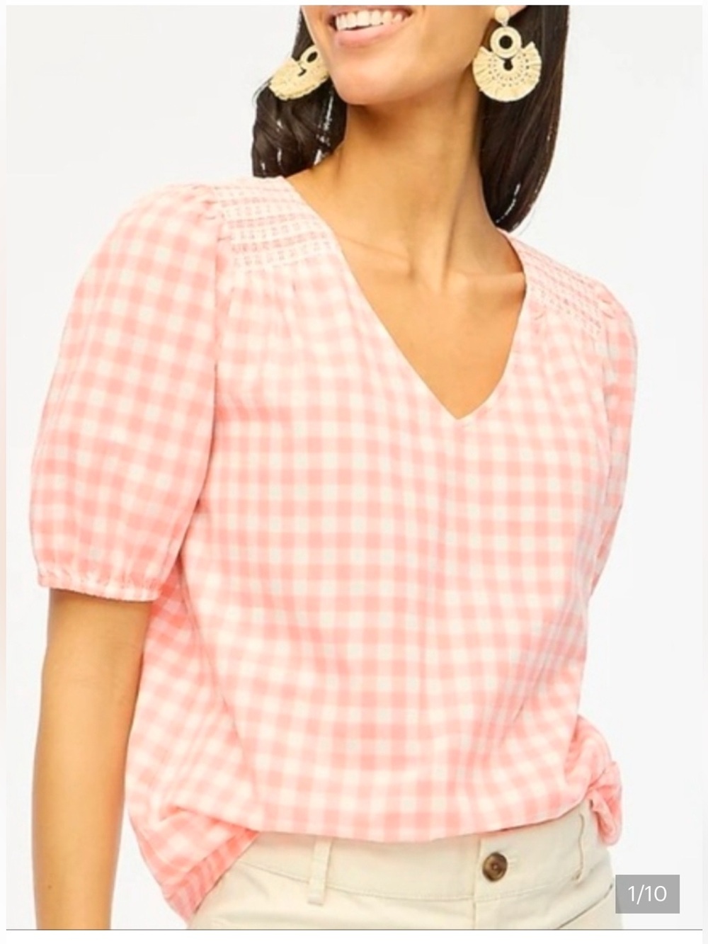 J. Crew Coral Pink Gingham Smocked Yoke Cotton Blouse